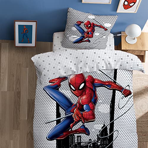 CTI Spiderman Hero Bettwäsche für Kinder, 140 x 200 cm, 100 % Baumwolle, Öko-TEX | Bettbezug für Kinder, 140 x 200 cm + 1 Kissenbezug 63 x 63 cm, wendbar, Grau von CTI