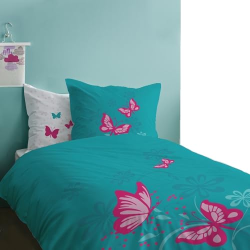 CTI - Bettwäsche Set Schmetterlinge 135x200 cm 80x80 cm Mädchen Linon Baumwolle türkis rosa CTI - Bettwäsche Set Schmetterlinge 135x200 cm 80x80 cm Mädchen Linon Baumwolle türkis rosa von CTI