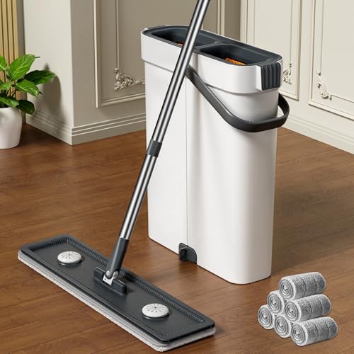 CTIME Großes Flachmopp-System mit Eimer zur Reinigung von Wänden, Fenstern, Treppen und Decken | Effizientes Wischen mit 40 cm (15,75") großer Moppplatte für große Häuser | 6 Mop-Pads von CTIME