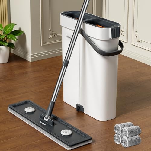 CTIME Plattmopp-System mit Eimer und Wringer - Einfach zu lagern, ideal für Holzböden und Wände | 33 cm (13,01") großer Moppkopf | Mikrofaser-Mopp-Set für Bodenreinigung | 4 Mopp-Pads von CTIME