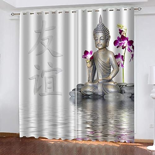 CTQTZ Buddhismus Blickdichte Vorhänge Buddha-Figur Verdunkelungsvorhänge Mit Ösen 234x183 cm (BreitexHöhe) 2er Set Gardinen für Dekoration Kinderzimmer von CTQTZ