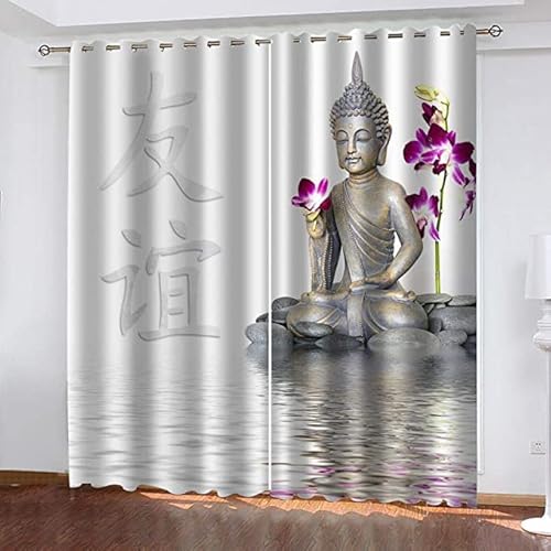 CTQTZ Buddhismus Blickdichter Vorhänge Mit Ösen Buddha-Figur Verdunklungsvorhänge 234x230 cm (BreitexHöhe) 2er Set Gardinen für Dekoration Kinderzimmer von CTQTZ