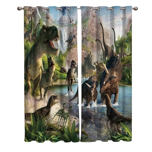 CTQTZ Dinosaurier Vorhänge Blickdicht Dschungel Tiere Wildtiere Dino Gardinen mit Ösen 200x160 cm (BreitexHöhe) 2er Set Verdunkelungsvorhang Blickdicht für Dekoration Kinderzimmer von CTQTZ