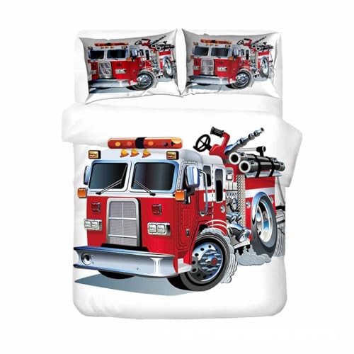 CTQTZ Feuerwehrauto Bettwäsche Set 200x200 Feuerwehrauto Auto Bettbezug Set Karikatur Rote Feuerwehr Weiche Microfaser Bettbezug von CTQTZ
