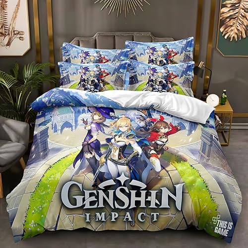 CTQTZ Genshin Impact Bettwäsche-Set für Kinder 135x200 Anime Kinder bettwäsche Bettbezug und Kissenbezug 80x80cm Gamer Bettbezug Kinderzimmer Dekor mit 2 Kissenbezug von CTQTZ