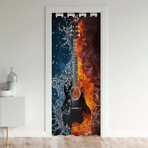 CTQTZ Gitarre Türvorhang, 86x203cm(BxH) Blickdicht Thermo Gardinen Vorhang Schwarz Coole Musikthema Blackout Vorhang mit Ösen für Schlafzimmer Tür Schrank Vorhang von CTQTZ