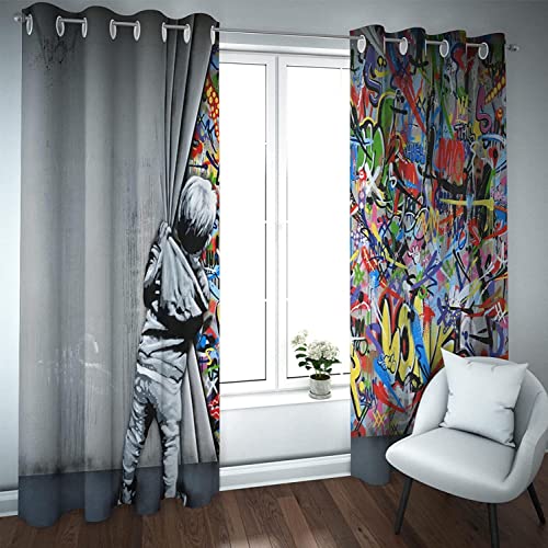 CTQTZ Graffiti Blickdichter Vorhänge Mit Ösen Farbe Kleiner Junge Verdunklungsvorhänge 234x230 cm (BreitexHöhe) 2er Set Gardinen für Dekoration Kinderzimmer von CTQTZ