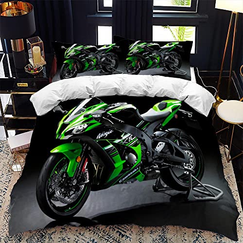 CTQTZ Motorrad Muster Bettwäsche 155x220cm Cool Motorrad Motorrad Fahrer Bettbezug mit Reißverschluss Schließung Bettbezug Set 3 Teilig Schwarz Grün Bettwäsche Set Weich Mikrofaserbettwäsche von CTQTZ