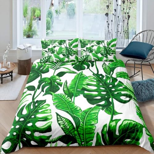 CTQTZ Palmenblätter Bettwäsche 155x220cm Hawaii tropisch Blätter Bettbezug mit Reißverschluss Schließung Bettbezug Set 3 Teilig grüne Blätter Bettwäsche Set Weich Mikrofaserbettwäsche von CTQTZ