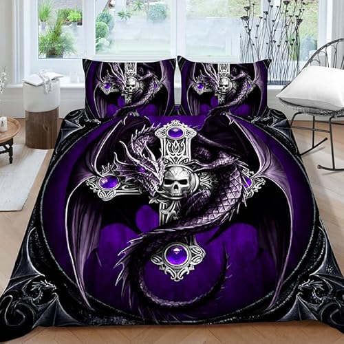 CTQTZ Totenkopf Lila Drachen Bettwäsche 220x240 Gotisch Schädel Erwachsene 3 Stück Bettbezug Skull Drachen 3D Bettbezüge Weiche Mikrofase Bettwäsche mit Kissenbezug 80x80 von CTQTZ