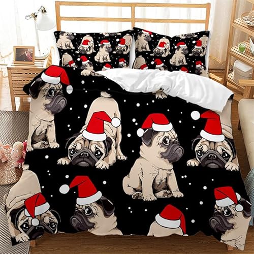 CTQTZ Weihnachten Mops Bettwäsche Set 200x200cm Niedlich Hund Bettbezug Set Schwarz Rot braun Weiche Microfaser Bettbezug Kind Dekorative Betten Set von CTQTZ