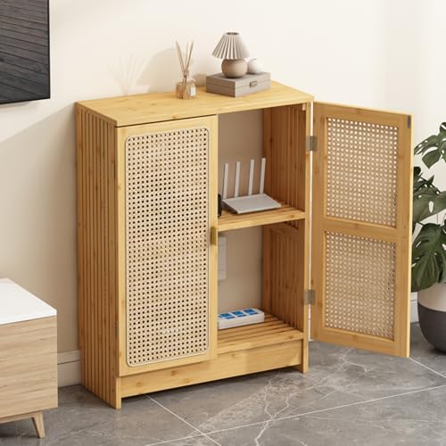 CTREVL Rattan-WLAN-Router Aufbewahrungsschrank, Bambus-Bodenbox mit Verstellbaren Regalen, Steckdosen- und Kabelmanagement-Organizer für Zuhause und Büro(Beige,70x70x25cm) von CTREVL
