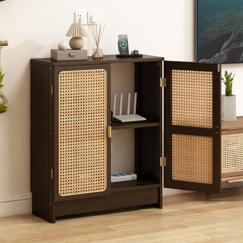 CTREVL Rattan-WLAN-Router Aufbewahrungsschrank, Bambus-Bodenbox mit Verstellbaren Regalen, Steckdosen- und Kabelmanagement-Organizer für Zuhause und Büro(Schwarz,80x50x25cm) von CTREVL