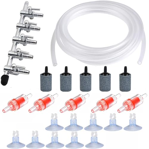 CTRICALVER Aquarium Luftpumpe Zubehör, mit 5wege-Luftstromregelung Wasserpumpensplitter Verteilerhebeladapter, 5M Luftschlauch, Sauerstoff Stein, Rückschlagventile, Saugnapf-Clips von CTRICALVER