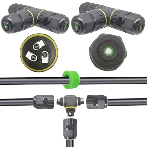 CTRICALVER Kabelanschlussdose für den Außenbereich | T-Form Kabelverbinder | Wasserdicht IP68 Verbindungsbox für Ø9-12 mm 3-poliger Kabelschnellverbinder Schwarz 2 Stück von CTRICALVER