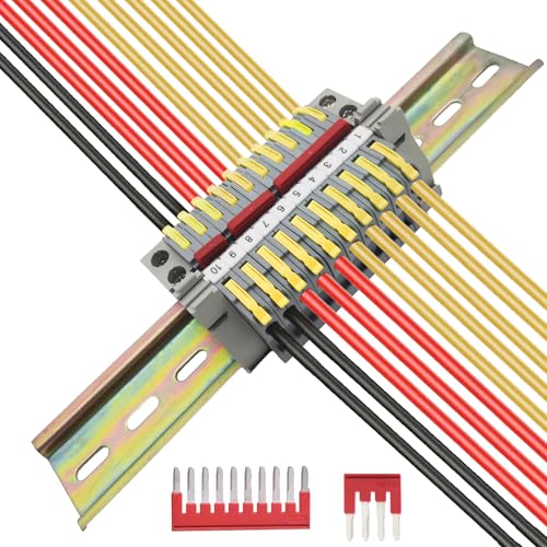 CTRICALVER Reihenklemmen Hutschiene kit, Anschlussblock Hutschiene, 10 Pcs Gelb Klemmenblöcke, Mit Markierungsstreifen,Sicherungsclip und Verbindungsleisten von CTRICALVER