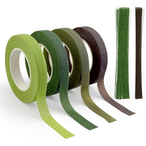 CTYUEYUN 4 Rolls Floristenband,Floral Tape with 150pcs Floristendraht Green and Coffee Floristry Supplies,Bouquet Tape for Florist Bouquet Fixing and DIY Packaging Decoration von CTYUEYUN