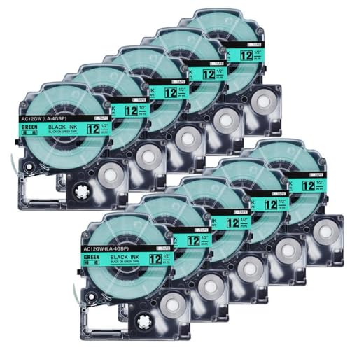 CUAWBAPF 10 Pack 9/12mm Schwarz auf weißes Etikettbandkapitibel mit Etikettendruckermodellen SS12KW SS9KW SS6KW ST12YW SC12BW Kompatibel mit LW-300 LW-400(Black on Green) von CUAWBAPF