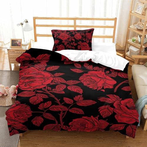 CUBSKRIRB Red Rose Blume 3D Gedruckt Bettwäsche Set 2 Teilig Ettbezüge Mit Kissenbezug Soft Microfaser Luxus Modern Mit Reißverschluss Für Erwachsene Und Kinder Single（135x200cm） von CUBSKRIRB