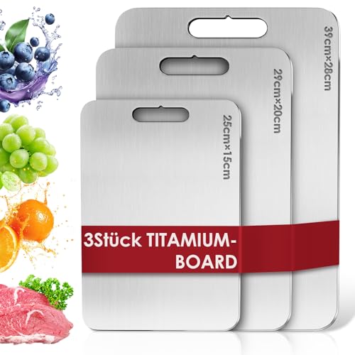 3 Stücke Titan Schneidebrett, S316 Schneidebrett Edelstahl, BPA-freies Doppelseitiges Lebensmittel Titanium Cutting Board, ideal für Fleisch, Brot, Gemüse & Obst 3pcs20 von CUBTEM
