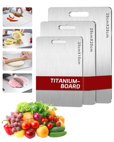 3 Stücke Titan Schneidebrett, S316 Schneidebrett Edelstahl, BPA-freies Doppelseitiges Lebensmittel Titanium Cutting Board, ideal für Fleisch, Brot, Gemüse & Obst von CUBTEM