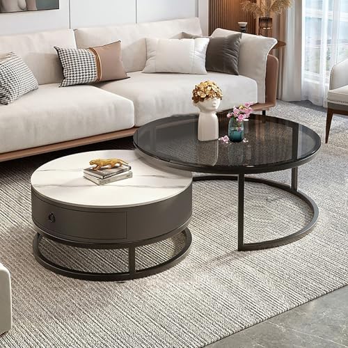 CUCKQUIC Nesting Couchtisch Set von 2, Runde Couchtische mit Schubladen, Beistelltisch Set mit gehärtetem Glas, Moderne Stapel Beistelltisch Set für Wohnzimmer, Schlafzimmer F,70x45+50x40cm von CUCKQUIC