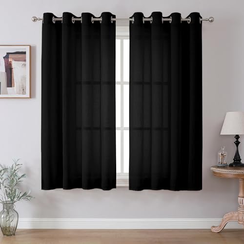 CUCRAF Leinen Voile Vorhänge mit Ösen Lichtfilterung Gardine für Schlafzimmer Wohnzimmer, Schwarz, H145 x B140cm 2er Set von CUCRAF