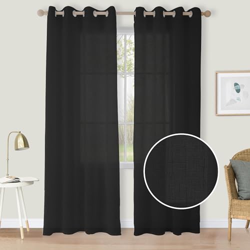 CUCRAF Leinen Voile Vorhänge mit Ösen Lichtfilterung Gardine für Schlafzimmer Wohnzimmer, Schwarz, H225 x B140cm 2er Set von CUCRAF