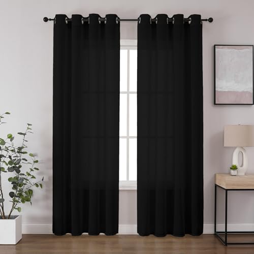 CUCRAF Leinen Voile Vorhänge mit Ösen Lichtfilterung Gardine für Schlafzimmer Wohnzimmer, Schwarz, H225 x B140cm 2er Set von CUCRAF