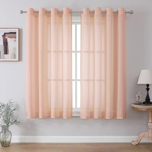 CUCRAF Leinenoptik Voile Vorhänge mit Ösen Halbtransparent Gardine für Schlafzimmer Wohnzimmer H145 x B140cm 2er Set,Baby Rosa von CUCRAF