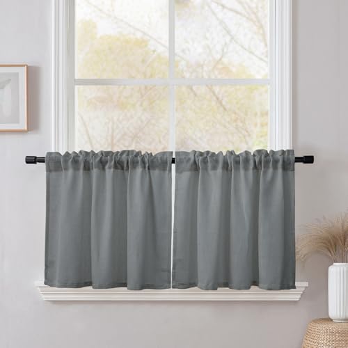 CUCRAF Grau Leinenvorhang mit Ösen 2er Set H 45 x B 90 Bistrogardine Scheibengardinen Halbtransparent Stores Gardinen für Fenster Voile Gardinen Gardinenschal Küchengardinen Wohnzimmer Schlafzimmer von CUCRAF