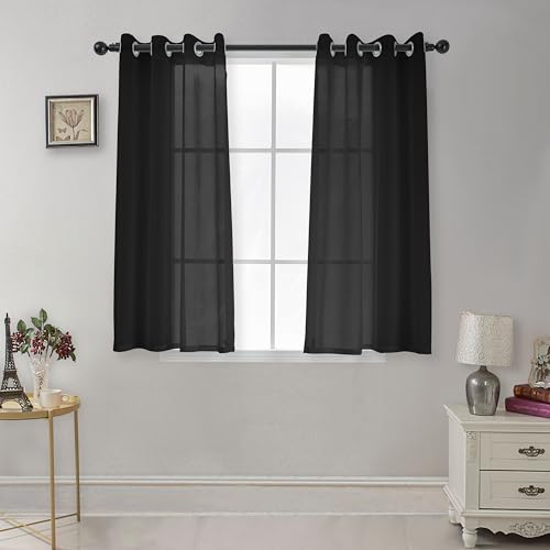 CUCRAF Transparente Gardinen mit ösen Vorhänge Wohnzimmer & Schlafzimmer, H145 x B140cm 2er Set Transluzente Vorhänge Schwarz, Unifarbene Pflegeleichte und Knitterfreie Vorhänge in Leinenoptik von CUCRAF