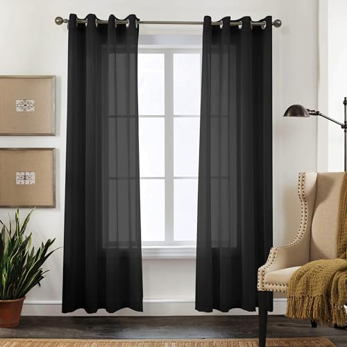 CUCRAF Solid Sheer Leinenoptik Voile Vorhang Fenstervorhang-Sets, Polyester Ösenschal, Moderne Fensterbehandlungen, Schwarz, H225x B140cm 2er Set von CUCRAF