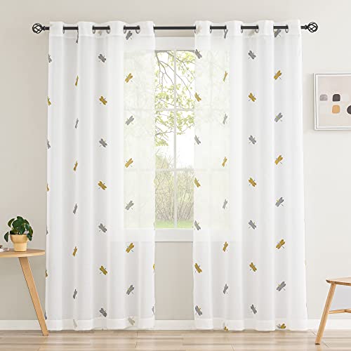 CUCRAF Voile Gardinen Vorhänge mit Schlaufen 3D Stickerei Libelle Gardinen Fensterschal Lichtdurchlässig für Wohnzimmer und Kinderzimmer,2er Set, H225CM X B140CM, Olive von CUCRAF