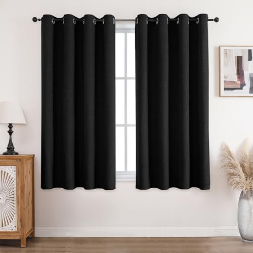 CUCRAF Vorhang 100% Blickdicht Leinen Gardinen mit Ösen Verdunklungsvorhänge Gardinen Schwarz H160 x B132 cm 2er Set, Thermovorhang Kälteschutz Schallschutz Vorhang für Wohnzimmer Schlafzimmer von CUCRAF