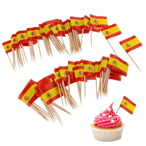 100 Stück Food Flaggen Zahnstocher, Spanien Flaggen Kuchen Toppers Mini Obst Cocktail Stick Flagge Zahnstocher Flaggen für Party Lebensmittel Käse Label Party Supplies Pub BBQ Dekor von CUCUFA