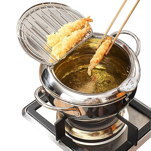 3.4 L Frittiertopf, 9.4" Japanischer Edelstahl Frittiertopf Tempura Kleiner Frittiertopf mit Thermometerkontrolle und Deckel für Pommes Frites Hähnchen Flügel Shrimps von CUCUFA