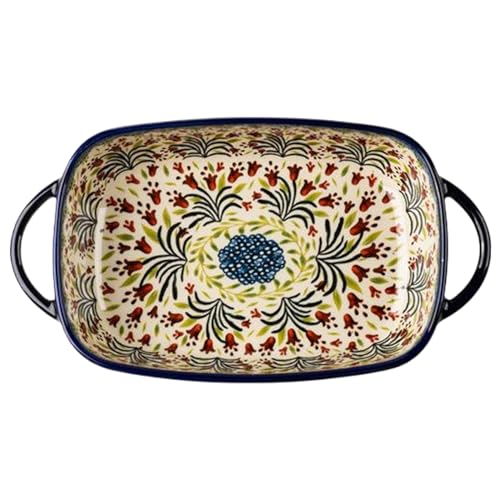 Backform, 1900 ml hitzebeständige Keramikofenschale mit zwei Griffen, Rechteck-Lasagne mit Blütendruck, nicht schlupfbare Auflaufschalen für Ofen, Lasagne von CUCUFA