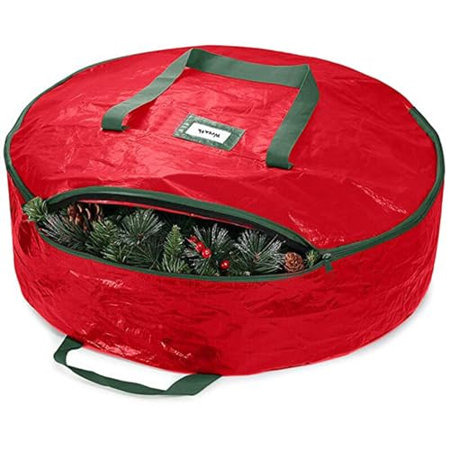 CUCUFA Kranz-Aufbewahrungstasche 23, 6x7 Zoll wasserdichte Weihnachtskranz-Aufbewahrungsbox mit Daul-Reißverschluss und strapazierfähigen Griffen Rot, Kranz-Aufbewahrungsbox von CUCUFA