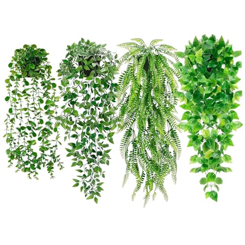 CUCUFA Künstliche hängende Pflanzen, 4pcs gefälschte hängende Pflanzen, Faux Eucalyptus Vine, realistische grüne Fälschung mit Topf für den Outdoor von CUCUFA