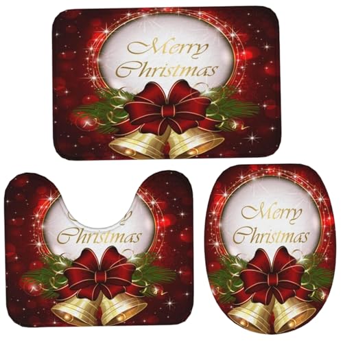 CUCUFA Weihnachtsbad Teppich, Frohe Weihnachten Bad Badezimmer Teppichs Sets 3 Stück, Nicht schlupfe weiche Dicke Toilettenwanne Bodenmatte für Home Hotel Dekor, Toilettenabdeckung Set von CUCUFA