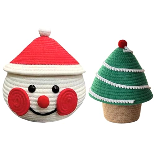Gewebter Korb mit Deckel 2pcs Schneemann & Baum süßes Weihnachtsbasket -Basket -Baumwollfäden -Aufbewahrungsbox Dekorative Mülleimer für Ladensnacks, Kleinigkeiten, Kosmetik und Geschenke von CUCUFA