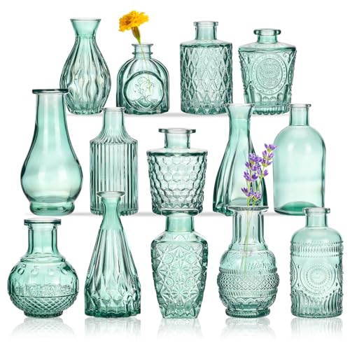 CUCUMI 14-teiliges Glasvasen-Set in Großpackung, Aquagrün, Reliefvase für Tafelaufsätze, Mini-Vintage-Glas-Blumenvasen für Hochzeit, Zuhause, Tisch, Party, Dekoration von CUCUMI