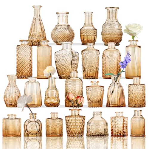 CUCUMI 24-teiliges Glasvasen-Set in Großpackung, bernsteinfarbene Reliefvase für Tafelaufsätze, Mini-Vintage-Glas-Blumenvasen für Hochzeit, Zuhause, Tisch, Party-Dekoration von CUCUMI