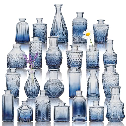 CUCUMI 24-teiliges Glasvasen-Set in Großpackung, schrittweise blaue Reliefvase für Tafelaufsätze, Mini-Vintage-Glas-Blumenvasen für Hochzeit, Zuhause, Tischparty, Dekoration von CUCUMI