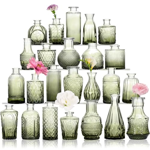 CUCUMI 24-teiliges Glasvasen-Set in Großpackung, schrittweise grüne Reliefvase für Tafelaufsätze, Mini-Vintage-Glas-Blumenvasen für Hochzeit, Zuhause, Tischparty, Dekoration von CUCUMI