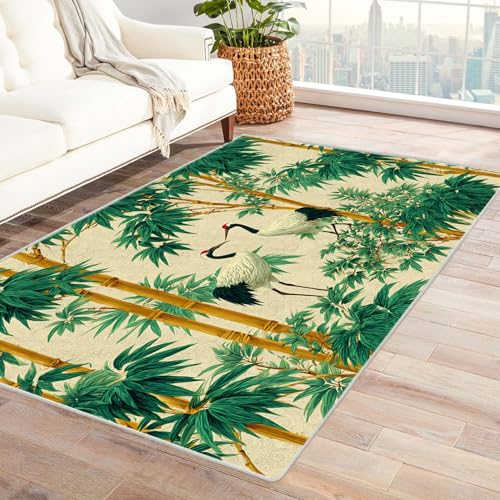 CUDAOO Bedruckter Innen-/Außenteppich Bambus- und Kranichmuster Tepich Moderne Wohnzimmer Vintage Schlafzimmer(Grün.)-60x90cm von CUDAOO