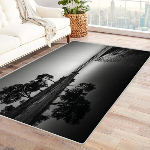 CUDAOO Bedruckter Innen-/Außenteppich Baumschatten auf dem See Tepich Moderne Wohnzimmer Vintage Schlafzimmer(Schwarz und Weiß)-120x150cm von CUDAOO