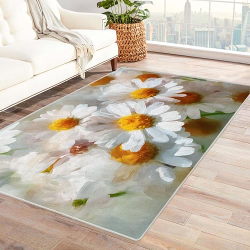 CUDAOO Bedruckter Innen-/Außenteppich Bemalte Chrysanthemen Tepich Moderne Wohnzimmer Vintage Schlafzimmer(Weib.)-150x210cm von CUDAOO