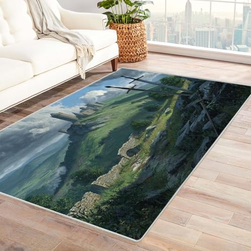 CUDAOO Bedruckter Innen-/Außenteppich Bergschloss Teppich Wohnzimmer Schlafzimmer(Grün)-210x300cm von CUDAOO
